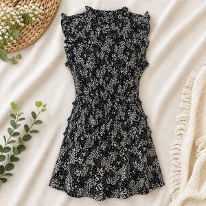 Madewell Ditsy Floral Dress Women's 4 Black White‎ Ruffle Smocked NWT